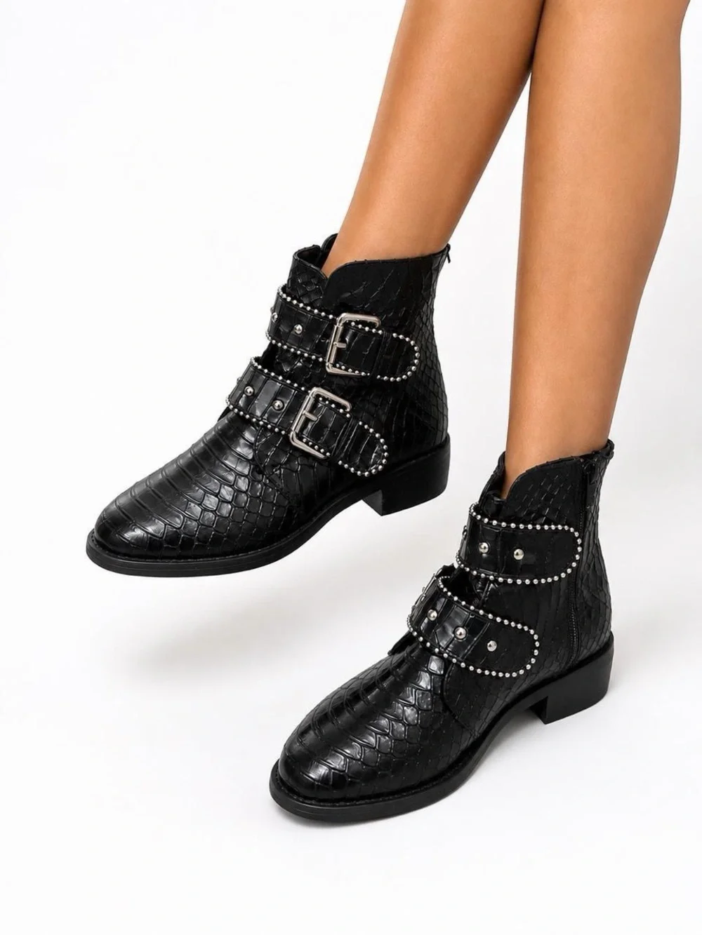 Women's Black Croc-Textured Studded Ankle Booties